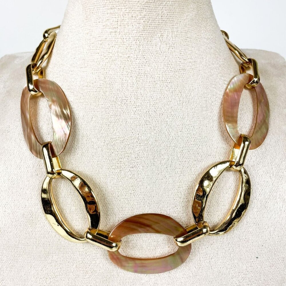 Dana Buchman Gold Tone Metal & Mother Of Pearl Oval Link Statement Necklace